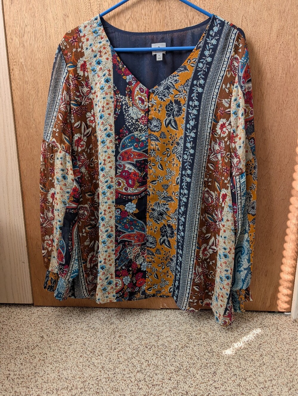Dressbarn Multi-colored Boho Inspired Floral V-Neck Long Sleeve Blouse